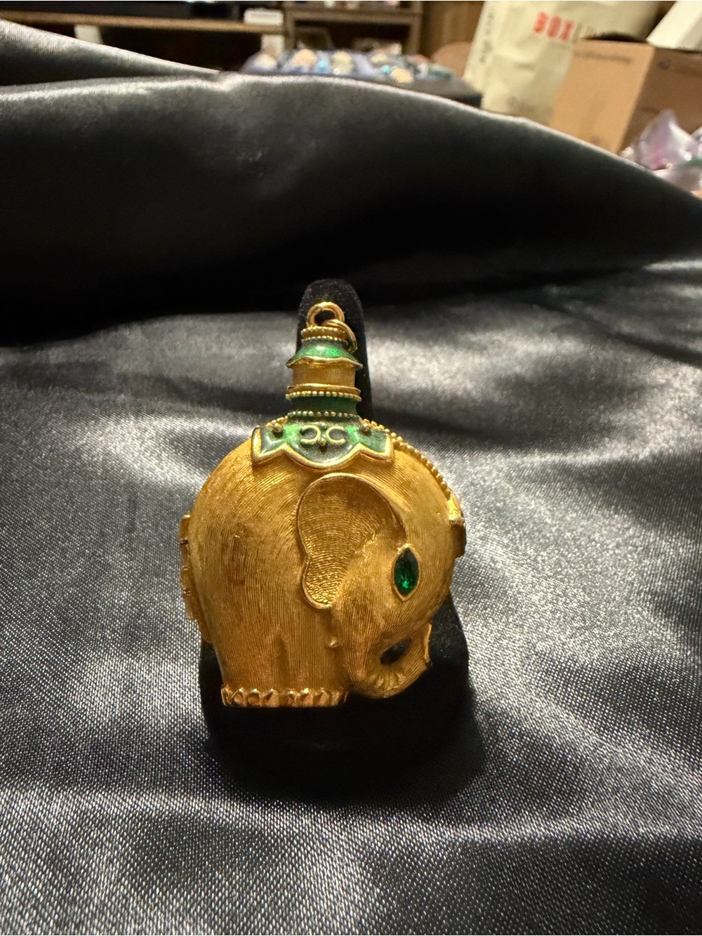 Vintage 1973 Revlon Moondrop Gold and Green Elephant perfume locket